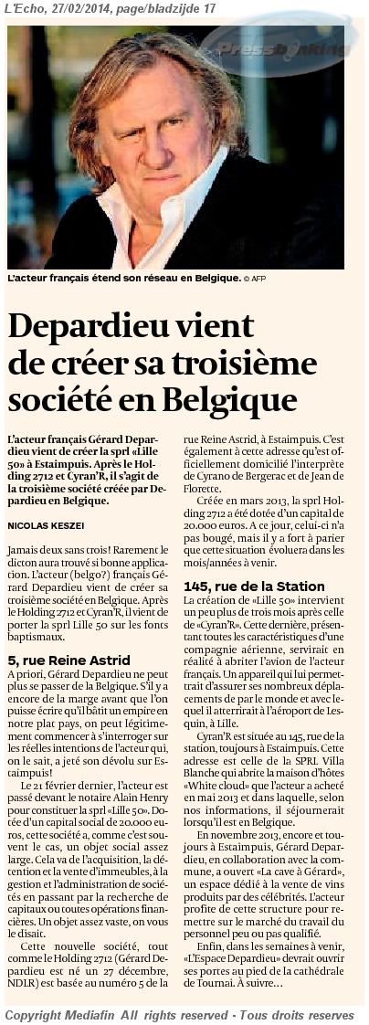 Depardieu vient de créer sa troisième société à Estaimpuis